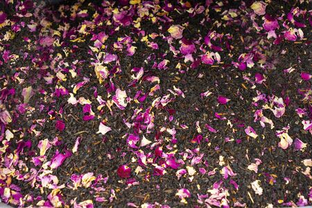 Green, black tea with additives on the shop window for the storeの写真素材