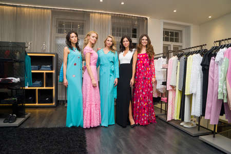 Prague, Czech Republic-March 4, 2019: show of beautiful ,fashionable , branded women's clothing ESCADA in the store. Beautiful model girls walk on the catwalk.のeditorial素材