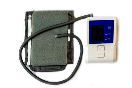 Automatic digital blood pressure monitoring meter on white background