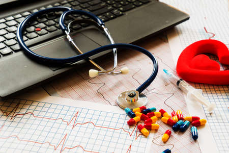 Doctor table with medical items. Flat layの写真素材