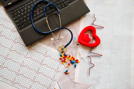 Doctor table with medical items. Flat layの写真素材