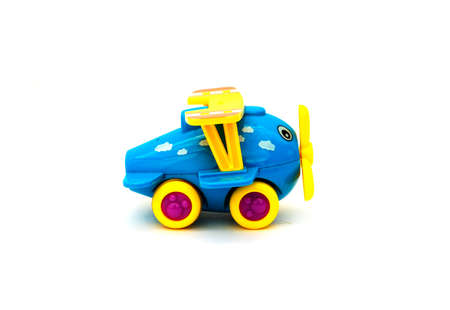 blue childrens toy small airplane on white background.