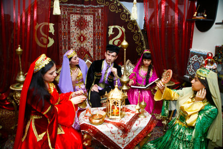 BAKU, AZERBAIJAN-26 MAY 2017: Wedding ceremony, Oriental, Turkish, Azerbaijani rites, the bride and groom, guests in national costumes.のeditorial素材