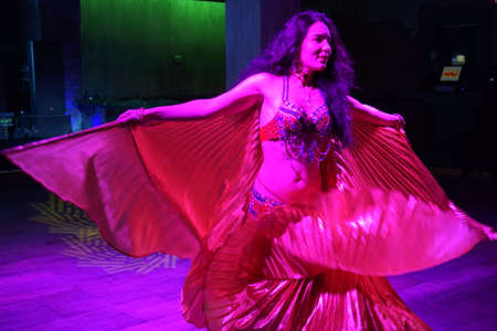 BAKU, Azerbaijan-JUNE 26, 2018: an Arab dance Dancer dances on stage in a restaurant
