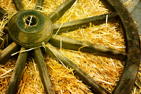 old wooden wagon wheel lies in the mangerの写真素材
