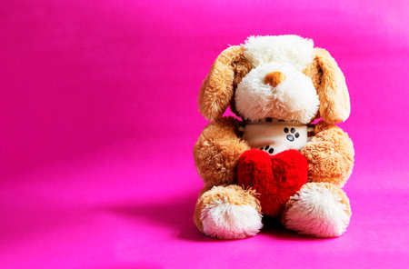white and brown dog doll with red heart on pink background.a symbol of love. Valentine's Day.の写真素材