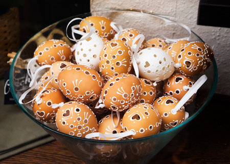 Traditional easter market. Handmade colorful easter eggs for sale.