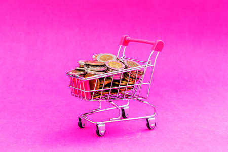 Mini shopping basket with coins in pink background. Finance and the concept of saving money.の写真素材
