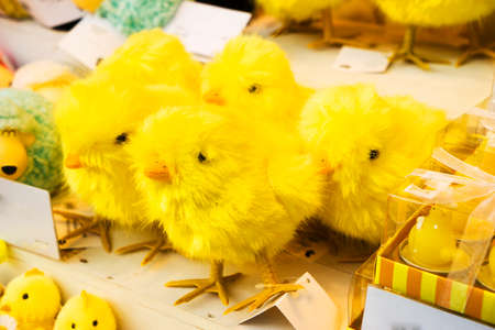 Toy baby chicken with eggshell on the shop window.
