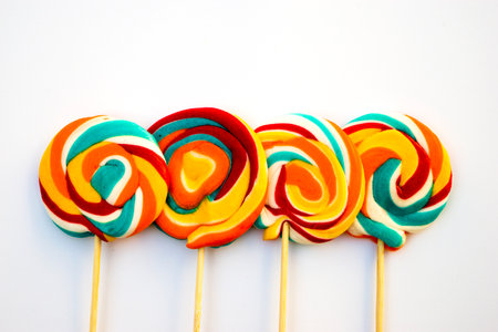 Lollipop candies on white background flay layの写真素材