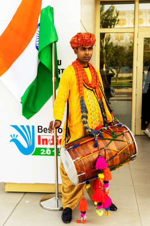 BAKU, AZERBAIJAN, May 15, 2019 : Indian musician with a big drum. Indian National Musical...