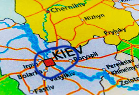 Ukraine, selective focus on Kiev- capital city, pinned on political map