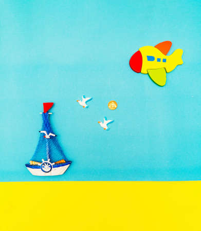 Summer holidays, tourism and vacation background. Holiday vacation background. Accessories on blue table. Flat lay, top view, copy spaceの写真素材