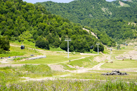 view from the ropeway to the Caucasus mountains in the summerの写真素材