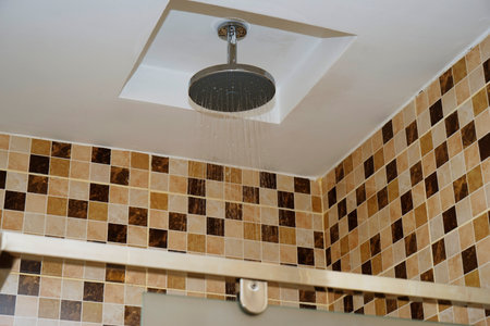 Detail of modern ceiling shower in the bathroomの写真素材