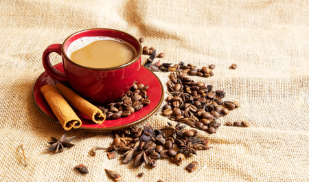 Red cup and saucer with coffee and coffee beans on a brown rag background.の写真素材