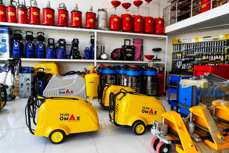BAKU, AZERBAIJAN - May 20, 2022: Electrical equipment, high-pressure devices for washing cars by Omax are on sale in the storeのeditorial素材