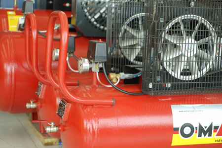 BAKU, AZERBAIJAN - May 20, 2022: Electrical equipment, high-pressure devices for washing cars by Omax are on sale in the store.のeditorial素材