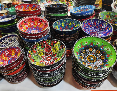Decorative handmade ceramic plates in Istanbul grand bazaar market. Turkey.の写真素材