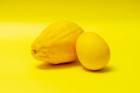 Juicy ripe lemons on a yellow background. A creative food concept. Tropical organic fruits, citrus fruits, vitamin C. Whole lemon. Summer minimalistic bright fruit background.の写真素材