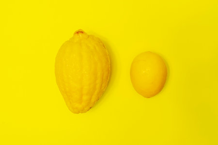 Juicy ripe lemons on a yellow background. A creative food concept. Tropical organic fruits, citrus fruits, vitamin C. Whole lemon. Summer minimalistic bright fruit background.の写真素材