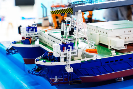 BAKU, AZERBAIJAN - JUNE 03, 2023 : Various ships, bulk carriers, for the transportation of oil, gas, construction materials for the oil and gas industry at the exhibition.のeditorial素材
