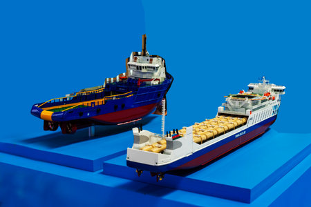 BAKU, AZERBAIJAN - JUNE 03, 2023 : Various ships, bulk carriers, for the transportation of oil, gas, construction materials for the oil and gas industry at the exhibition.のeditorial素材