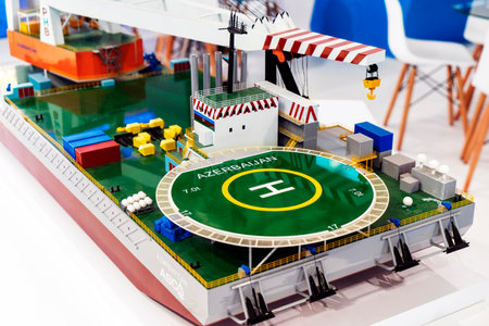 BAKU, AZERBAIJAN - JUNE 03, 2023 : Various ships, bulk carriers, for the transportation of oil, gas, construction materials for the oil and gas industry at the exhibition.のeditorial素材