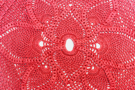 beautiful vintage red handmade knitted napkin, crochet vintage tableclothの写真素材