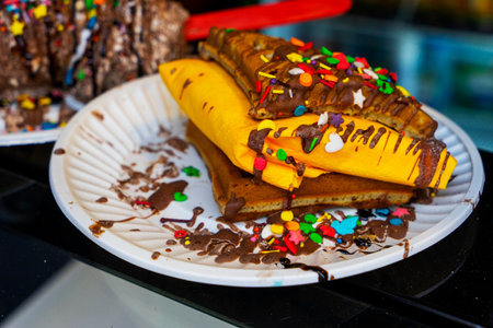 Waffles with chocolate, fruit and various fillings on a white plate.の写真素材
