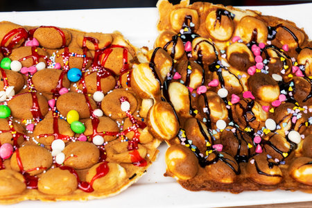 Waffles with chocolate, fruit and various fillings on a white plate.の写真素材