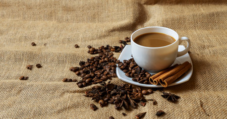 A white cup with a saucer and coffee and coffee beans on a brown cloth background.の写真素材
