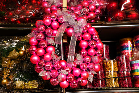 Christmas tree toys different colors balls isolated on a dark background, Christmas New Year holidays background.の写真素材