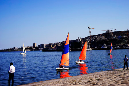 Luxury yachts at Sailing regatta. Sailing in the wind through the waves at the Sea.の写真素材