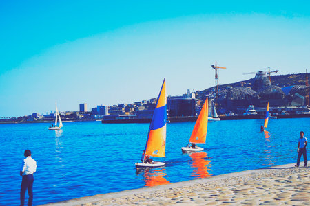 Luxury yachts at Sailing regatta. Sailing in the wind through the waves at the Sea.の写真素材