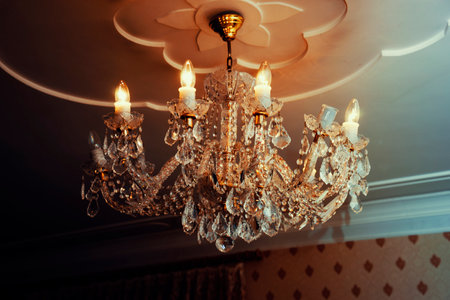 Close-up of a beautiful crystal chandelierの写真素材