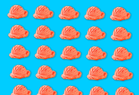 Pink strawberry ice cream pattern on pastel blue background. Summer minimalism. Isometric flat lay.の写真素材