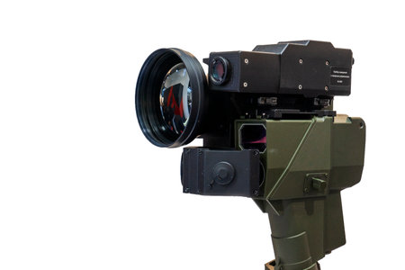 Modern military binoculars at the exhibition, on a white background. Military equipment.の写真素材