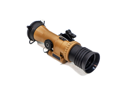 Modern military binoculars, night vision devices at the exhibition, on a white background.の写真素材