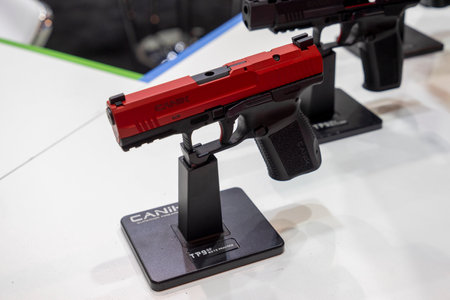 Modern pistols, revolvers, at the exhibition, equipment on a white background.の写真素材