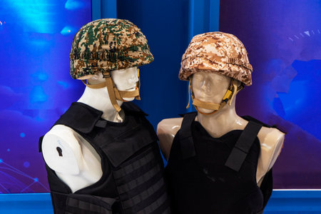 Modern military protective clothing is on display on mannequins at the exhibition