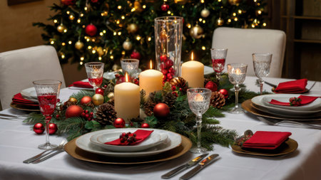 Christmas holidays table setting concept wine glasses and tableware for festive dinner at home.の写真素材