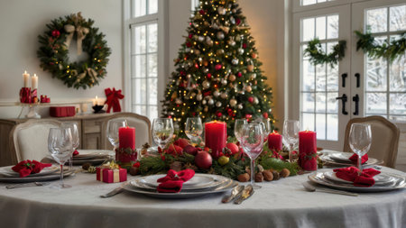 Christmas holidays table setting concept wine glasses and tableware for festive dinner at home.の写真素材