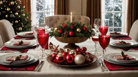 Christmas holidays table setting concept wine glasses and tableware for festive dinner at home.の写真素材