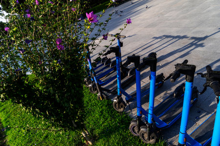 Rented blue electric scooters parked in the parking lot are ready for use - this is a very familiar vehicle that allows you to move around without polluting the environment. Environmentally friendly transport.の写真素材