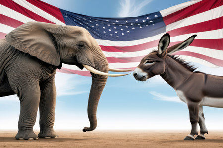 Democrats vs republicans are facing off in a humorous duel on the American flag. In American politics US parties are represented by either the democrat donkey or republican elephantの写真素材