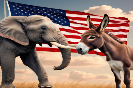 Democrats vs republicans are facing off in a humorous duel on the American flag. In American politics US parties are represented by either the democrat donkey or republican elephantの写真素材