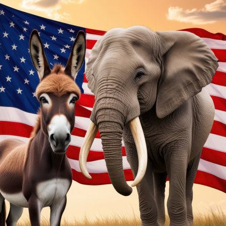 Democrats vs republicans are facing off in a humorous duel on the American flag. In American politics US parties are represented by either the democrat donkey or republican elephantの写真素材