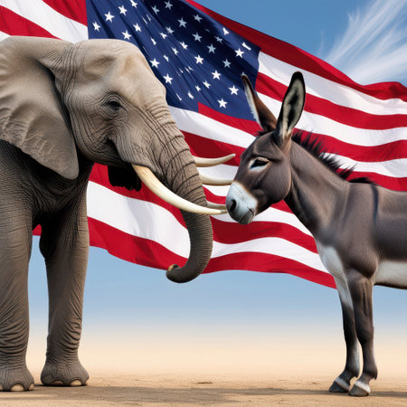 Democrats vs republicans are facing off in a humorous duel on the American flag. In American politics US parties are represented by either the democrat donkey or republican elephantの写真素材