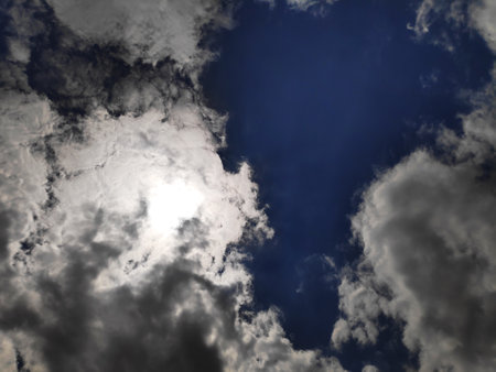 Dark, blue cloudy sky overlay, Dramatic sky. Bad weather with dark clouds. Rain And Thunderstorm In Dramatic Sky,の写真素材